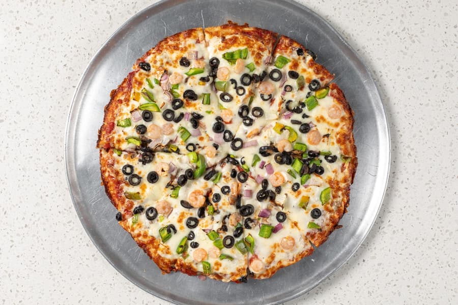UFO Special pizza with shrimp, olives and green peppers